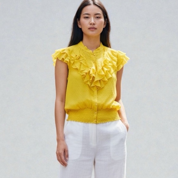 Vixen Tops - Vixen Y2K Yellow Swiss Dot Ruffle Blouse Cottagecore Size Small